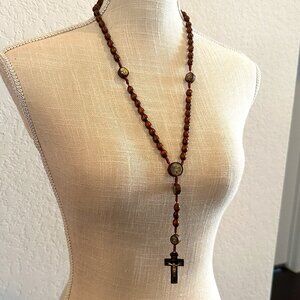 Vintage Wood Bead Rosary Saint Michael the Archangel
